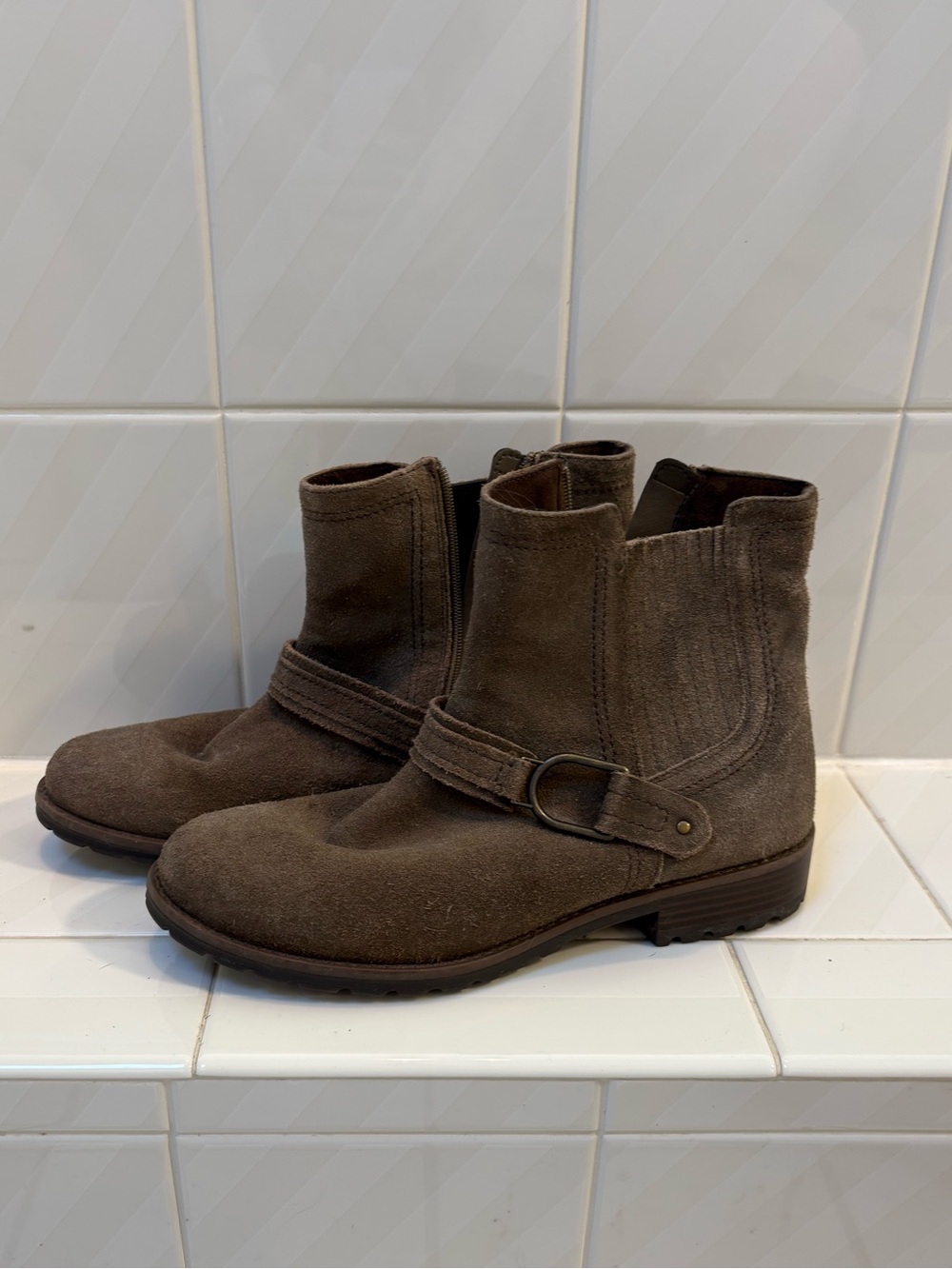 Clarks Brown Suede Ankle Booties with Strap Detail